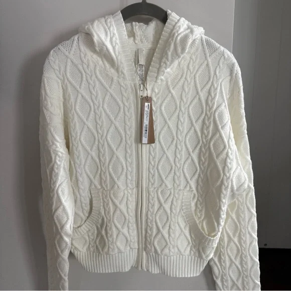 SKIMS Cable Knit Shrunken Zip Up Hoodie Ivory White size M NWT